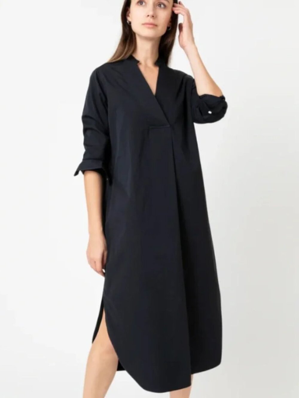 Ann Mashburn Cotton Poplin Popover Black V Neck Round Hem Midi Dress size XS